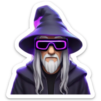 Gandalf wearing a black hoodie with "OMG" letters on it and VR headset in a cyberpunk VR environment with violet neon lighting. sticker