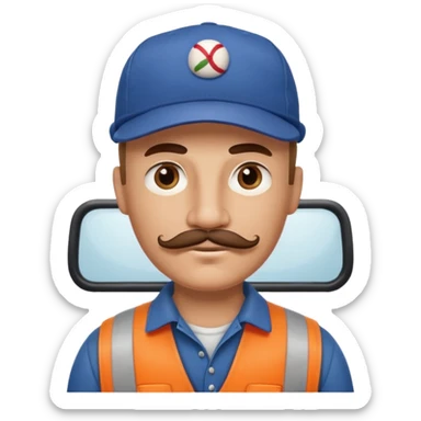 bald truck driver with a mustache and a baseball cap sticker