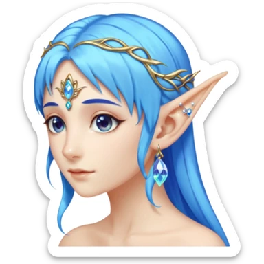 portrait of blue haired Elvish fae shiny sparkly iridescent translucent diaphanous ear climber ear cuff sticker