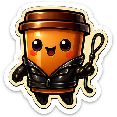 Tall coffee cup, dressed in leather holding a whipping crop sticker