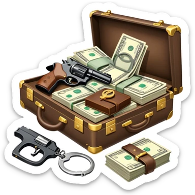 Icon for Action & Crime Reading: an open book with action-packed scenes, featuring a gun, handcuffs, a detective's badge, and a briefcase with money. The icon should capture the tension and excitement of crime and action stories. Transparent background. sticker