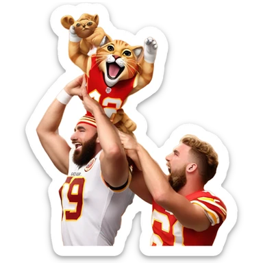 Taylor swift and Travis Kelce holding a bengal cat that is wearing a chiefs jersey in the air like Rafiki holds simba in the lion king  sticker