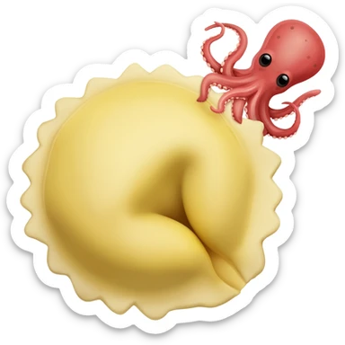un solo tortellino, quelli rotondi, con un polipetto vicino in stile acrtoon anime simpatico sticker
