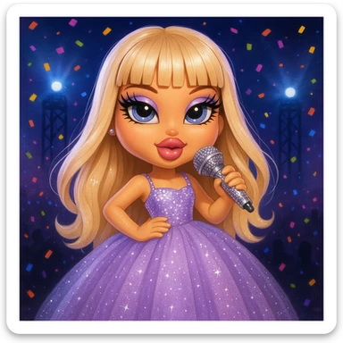 Pretty and girly Blonde pop star with bangs wearing a sparkly tulle light purple ballgown, holding a bedazzled microphone, reimagined as a cute Bratz doll, with a nighttime concert backdrop with colorful confetti sticker