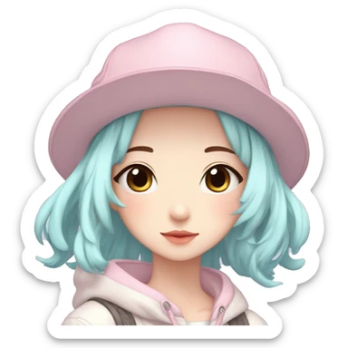 Gorgeous pastel anime girl with blushing face and hair garnitures and pretty hair and a cap aesthetic trending style sticker