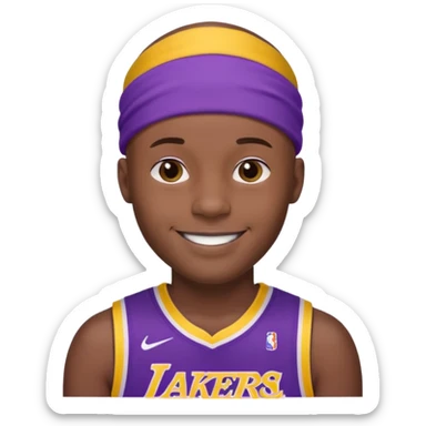 ["Black male, shaved head, wearing a purple Lakers jersey with headband."] sticker