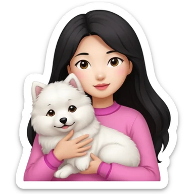 A black long hair asian pretty girl with a bright skintone and pink outfit holding a samoyed dog sticker