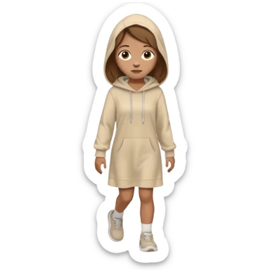 fullbody, head-to-toe, Lazarus's sister, Jesus's friend, with brown hair, beige dress, and a head hoodie, normal emoji style, walking sticker
