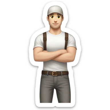 Pale skinned fit Man with dark brown hair in a light gray cap, dark brown jeans, brown polo and white T-shirt keeping a pasted with tape white box into his hands sticker