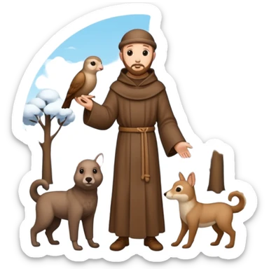create a full body shot of Saint Francis of Assisi cartoon modern type with animals during the winter, background, to be used as an AI crfreation in HeyGen.com, please create a winter background sticker