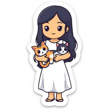 A beautiful girl with long black hair wearing a white dress holds an Abyssinian cat in her arms sticker