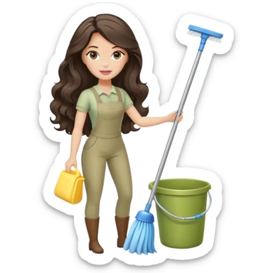 A white Barbie girl with long dark brown wave hair in a pale olive clothes doing cleaning sticker