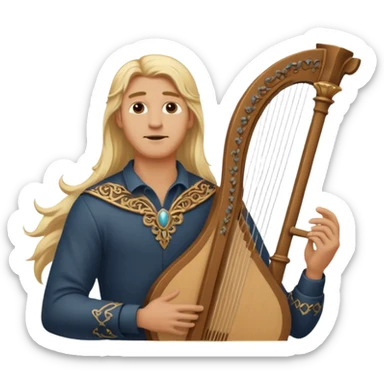 Man with long blonde hair quietly  holding a lyre sticker