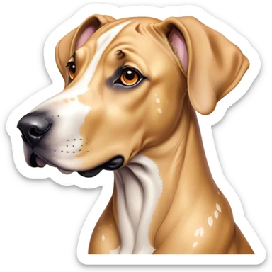 Cinematic Cute Fawn Great Dane Portrait Emoji, Head tilted playfully and inquisitively, showcasing a glossy fawn coat with a subtle luster, round, sparkling amber eyes filled with curiosity, Simplified yet irresistibly adorable features, highly detailed, glowing with a warm, friendly glow, high shine, affectionate and gentle, stylized with a touch of whimsy, bright and endearing, soft glowing outline, capturing the essence of a mischievous yet loving pup, so playful it feels like it could lumber out of the screen and into your arms! sticker