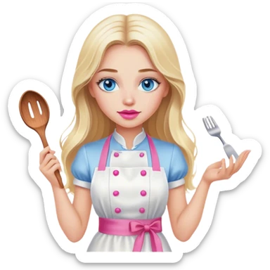 Cinematic realistic beautiful blonde with long hair, blue eyes and pink lips in a white dress cooks sticker