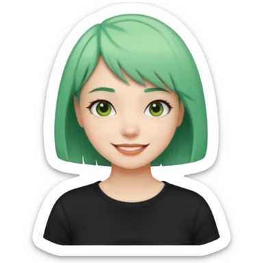 Girl with Mint Bob Cut – short green hair, cheerful smile, black t-shirt sticker