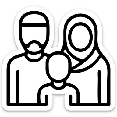 Muslim family (man, woman in hijab, child), icon style, minimal detail, clear lines, harmonious composition sticker