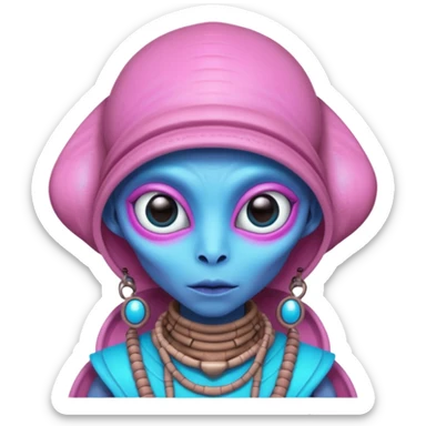 alien living in desert, dressed like a desert alien, pink/blue colorful, accessories, just face  sticker