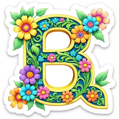 3D, gothic style psychedelic colored Letter S with hippie style flower border sticker