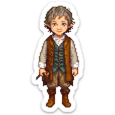 Whole body image of bilbo baggins from the hobbit movie in pixel art style. Bilbo is younger. Make Bilbo look like the actor that portrayed him in the movie, Martin Freeman. Bilbo is wearing the same outfit he was wearing when he left the shire with Thorin Oakenshield. sticker