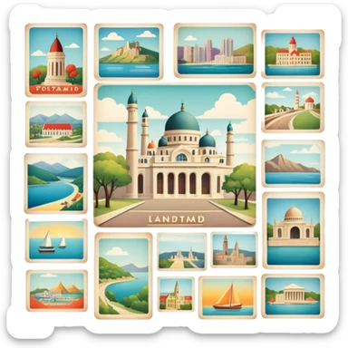 Icon for Postcard Collecting: a collection of colorful vintage postcards, featuring scenic views, landmarks, and greetings, arranged neatly in an album or on a display board. The icon should convey the charm and nostalgia of postcard collecting. Transparent background. sticker