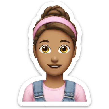 A skin white woman with brown hair in pony tail wearing white headband, pink t shirt and overalls  sticker