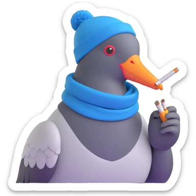 hipster pigeon with a beanie and scarf, smoking a cigarette, trendy look sticker