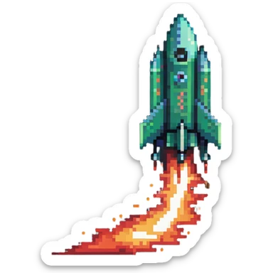 green to red gradient rocket flying diagonally to the upper right corner, with pixel art flame trail sticker