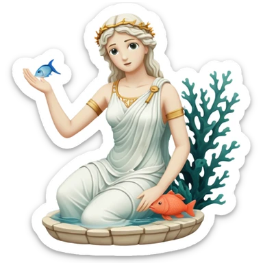 sunken white female greek statue, broken, include water and coral in the sea, sea weed, fish sticker