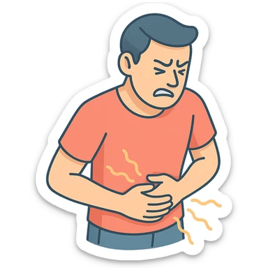 A very detailed 2D isometric style illustration of a person (patient) with a stomach ache, shown from the waist up in a close-up. The person is holding their stomach and grimacing in pain, with pain waves radiating from the stomach area similar to the fourth variant in the references. The style features soft rounded shapes, shadows and highlights, clean contours, and a pastel color palette. The illustration is modern and has a transparent background. sticker