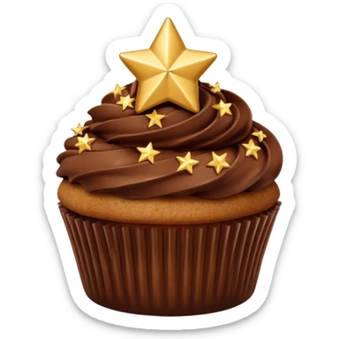 cupcake with brown chocolate frosting and gold stars sticker