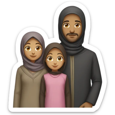Family of four people: a mother who is the only person wearing a hijab, a father who has dark hair, a young little girl with dark hair, and a young little boy with dark hair, light brown skin sticker