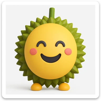Change the expression of the durian character to a happy face, keeping all other characteristics the same, in the style of microsoft style 3d fluent emojis. sticker