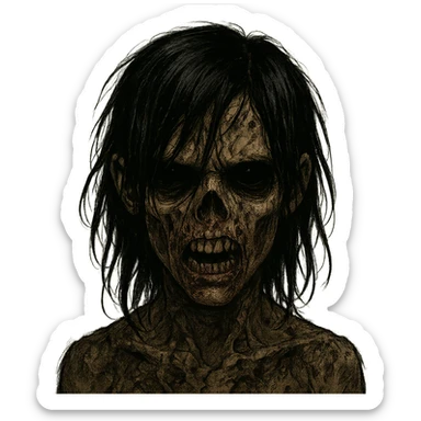 boy zombie with black hair, emo style, creepy, long hair, scary, black eyes, brown skin, more intense expression sticker