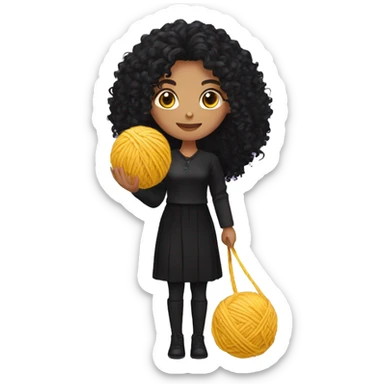 woman with long black curly hair holding one ball of yarn wearing black clothes sticker