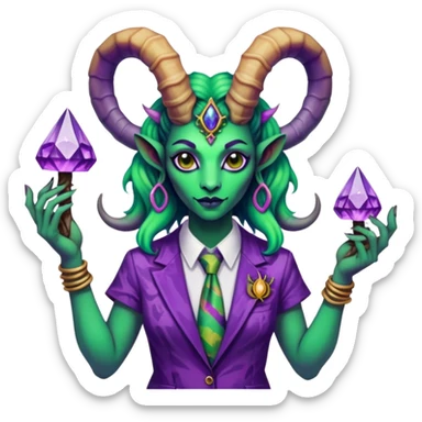 Feminine green and purple Scorpio Baphomet standing among trippy tie-dye mushrooms.. she’s holding a crystal in one hand and  holding a scorpion  sticker