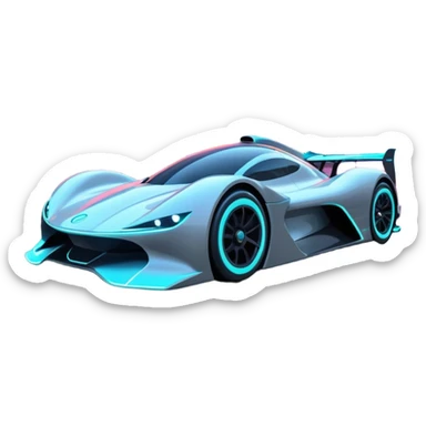 A futuristic racing car with glowing neon lights, sleek aerodynamic design, and a cyberpunk cityscape in the background. The car is speeding through a neon-lit street with high-tech buildings and holograms." sticker