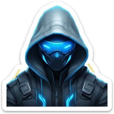 developer behind his laptop with this style : crysis Cyberpunk Valorant neon glowing bright blue character blue black hooded assassin themed character sticker