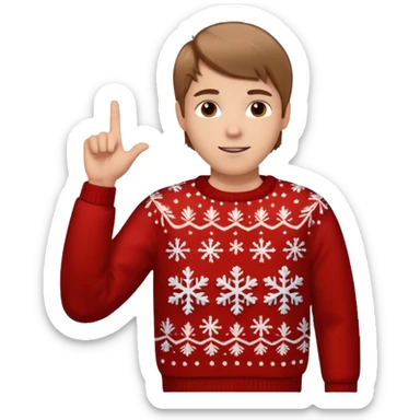 A guy pointing up with one hand and he has a christmas sweater with snowflakes in it. He has brown light hair. sticker
