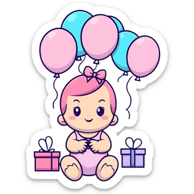 happy baby girl surrounded by pastel pink balloons and presents at birthday party sticker