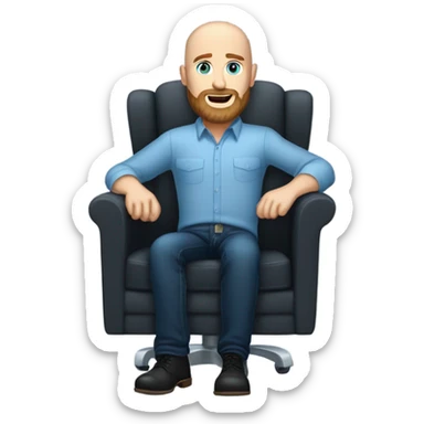 Brown beard Wearing a black dress shirt with a subtle pattern, blue jeans and black Chelsea boots Bald, Caucasian, sky-blue-eyed, Psychotherapist in a modern chair with a full beard sticker