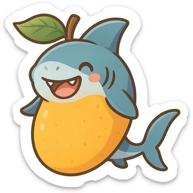 a playful and imaginative mango infused with a shark, cartoon style, whimsical and fun sticker