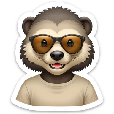 friendly anthropomorphised honey badger head and neck wearing sunglasses, top of t-shirt visible sticker