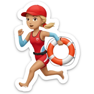 Female lifeguard – red cap, running along shore with rescue buoy sticker