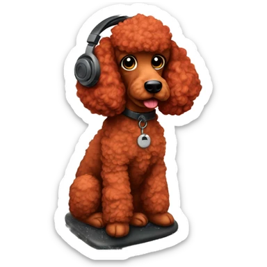 I want a red poodle sitting in front of a old computer screen with gaming headset on sticker