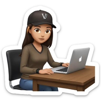 A professional 3D avatar of a young woman with olive skin and long, dark brown hair, wearing a dark, long-sleeved V-neck brown shirt and a black baseball cap. She's sitting at a sleek wooden desk, typing and looking at a silver MacBook.  sticker