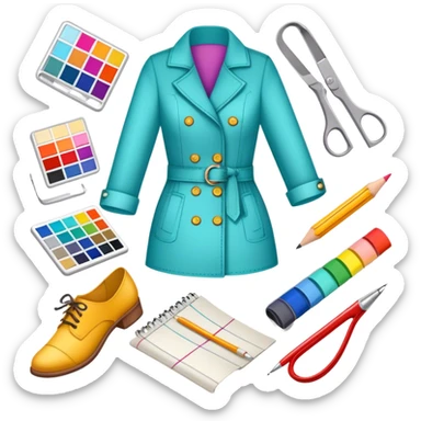 Icon for Fashion Design: sketches of clothing, shoes, and accessories with design tools like a pencil, fabric swatches, and a measuring tape. The icon should represent creativity in fashion design and tailoring. Transparent background. sticker