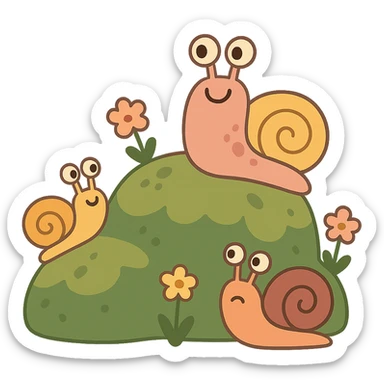 mossy rock with snails and small flowers in earthy pastel colors, pastel-toon style sticker