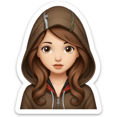 cute woman long wavy brown hair tattoos curled inside hood sticker