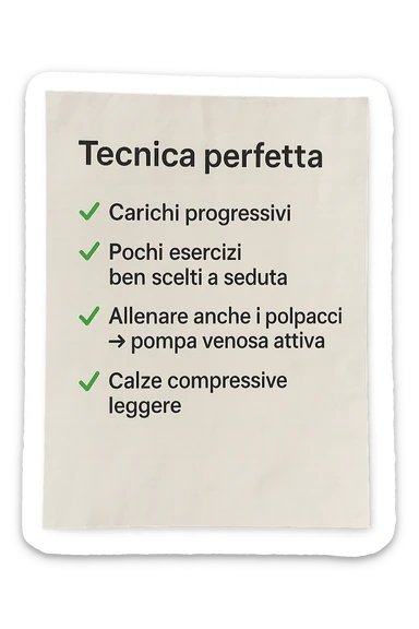 FOGLIO DI CARTA PER L'ALLENAMENTO IN PALESTRA CON LA SCRITTA "Tecnica perfetta
 ✅ Carichi progressivi
 ✅ Pochi esercizi ben scelti a seduta
 ✅ Allenare anche i polpacci → pompa venosa attiva
 ✅ Calze compressive leggere" , IPERREALISTICA 4K sticker